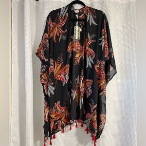 Ultra Pink Black Kimono with Red & Orange Floral Print